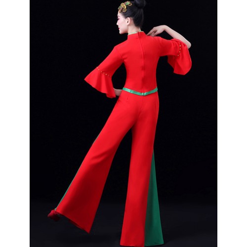 Women red with green chinese Yangko dance costume female drumming costume fan dance performance costume ethnic square dance suit